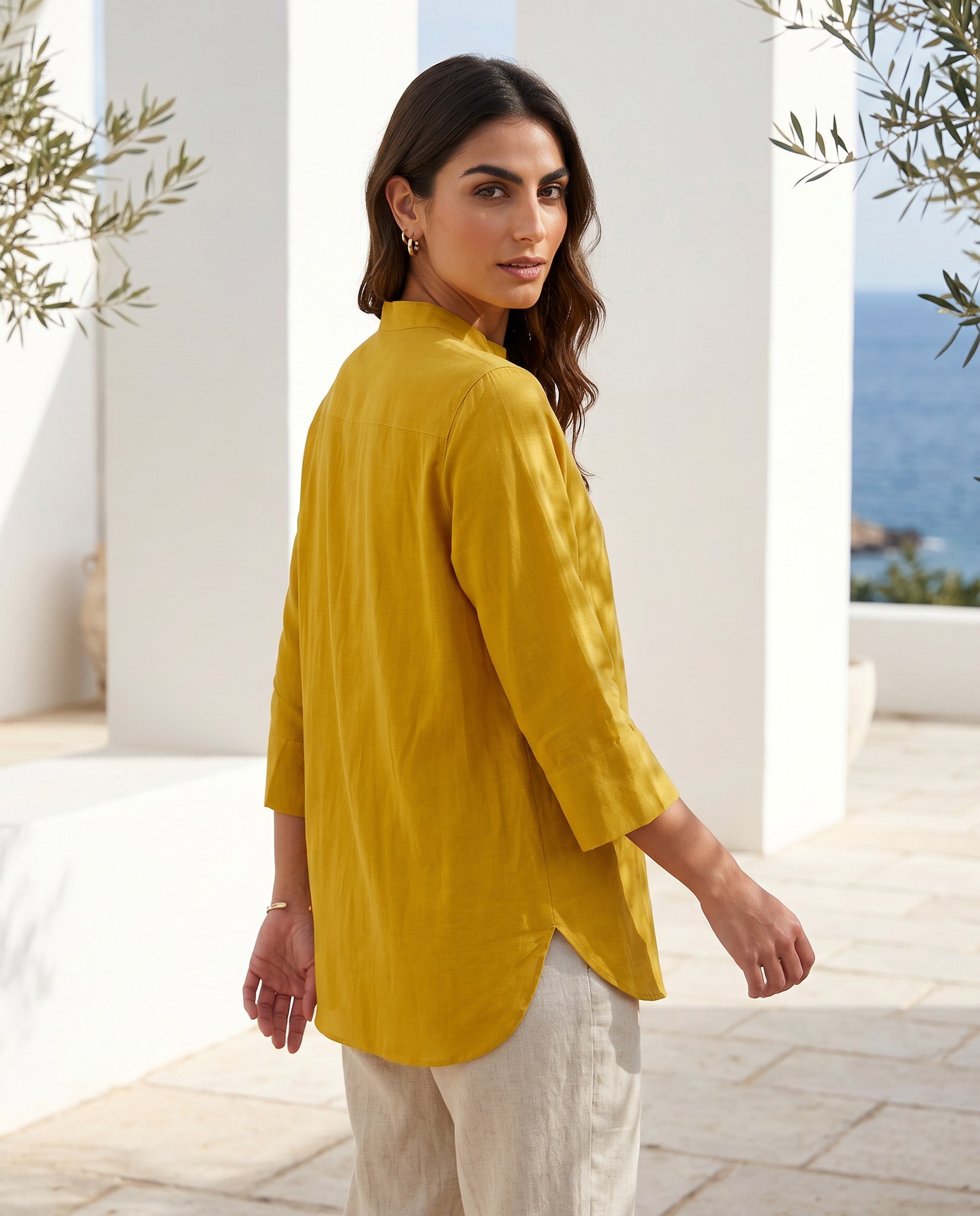 camicia donna misto lino senape made in italy