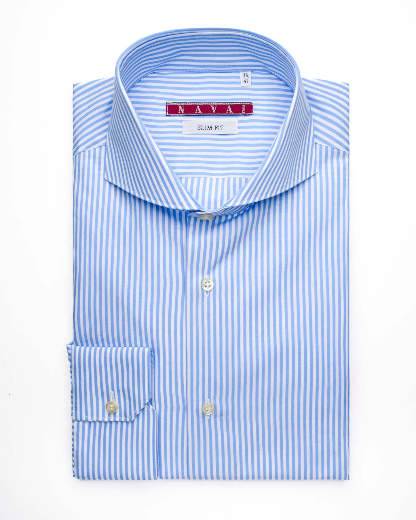 camicia uomo slim collo francese cotone popeline rigato azzurro made in italy