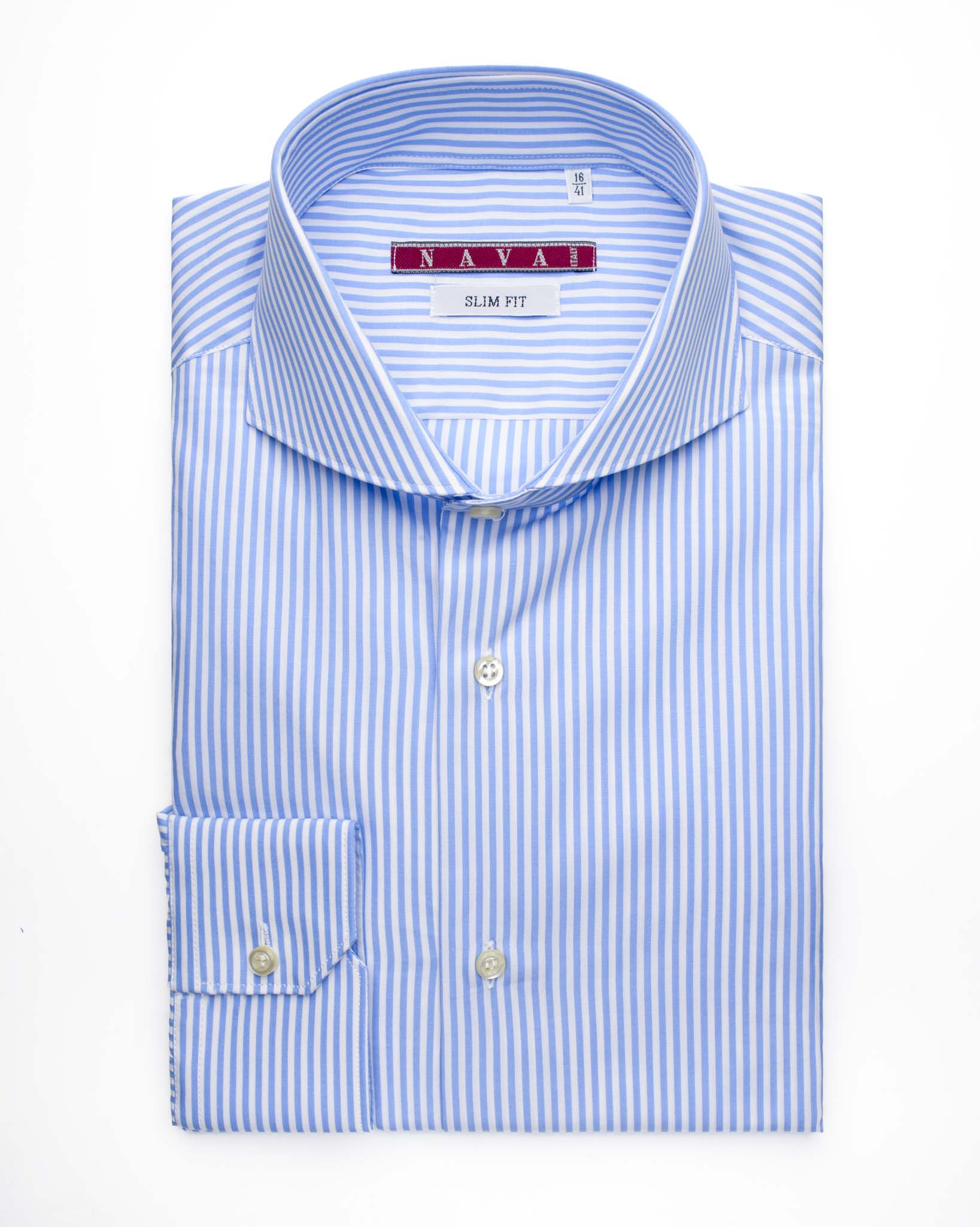 camicia uomo slim collo francese cotone popeline rigato azzurro made in italy