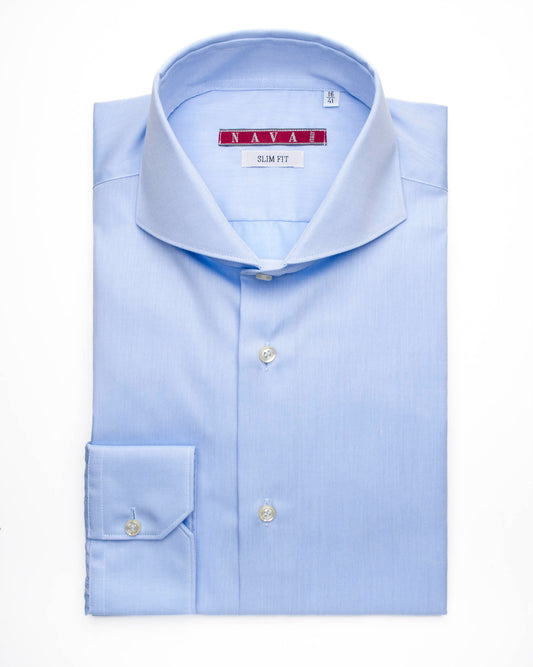 camicia uomo slim collo francese ampio in twill no stiro azzurro