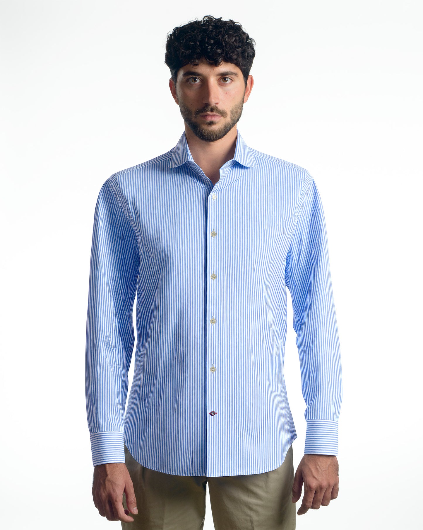 camicia uomo slim collo francese cotone popeline rigato azzurro made in italy