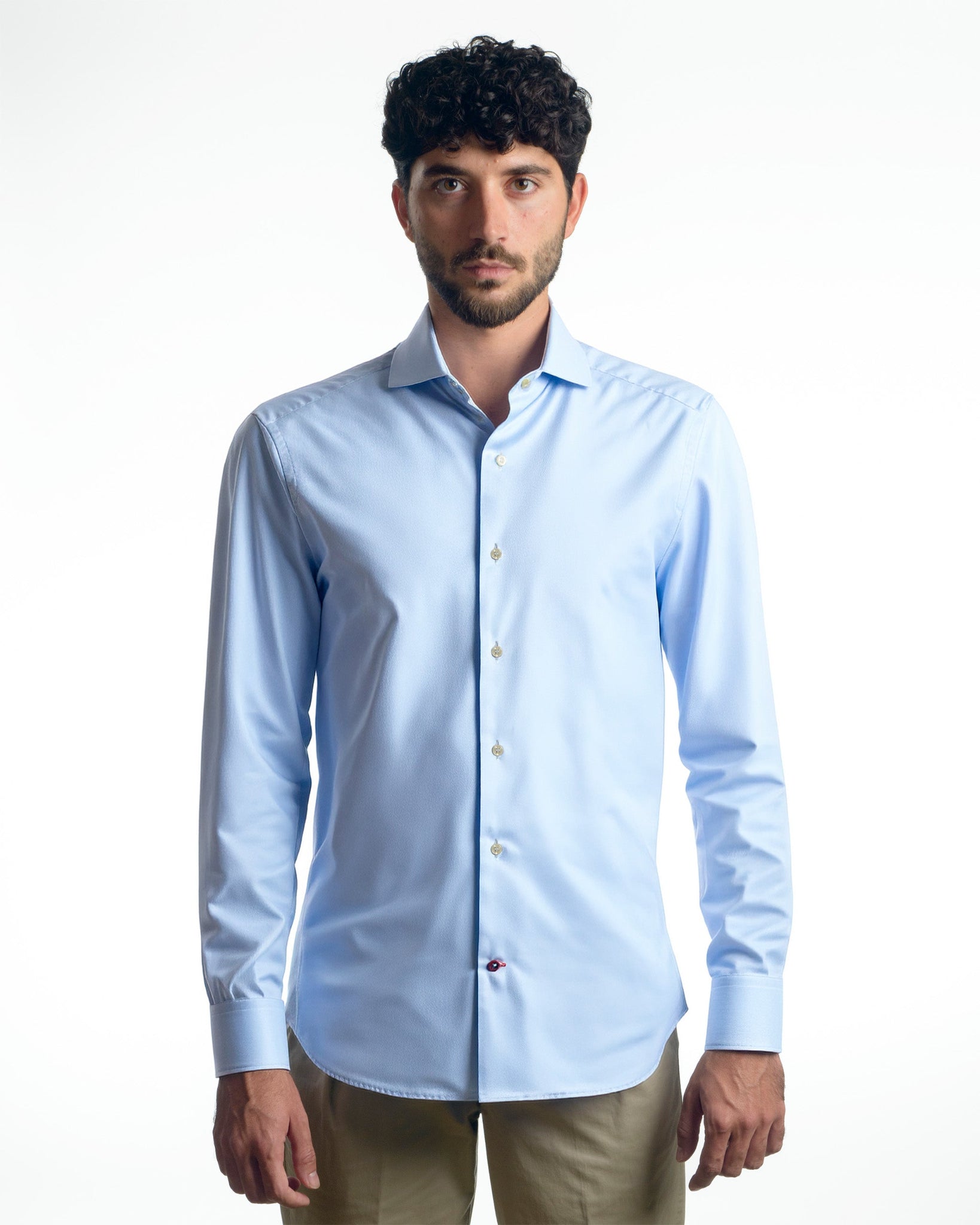 camicia da uomo slim con collo francese ampio in cotone oxford azzurro