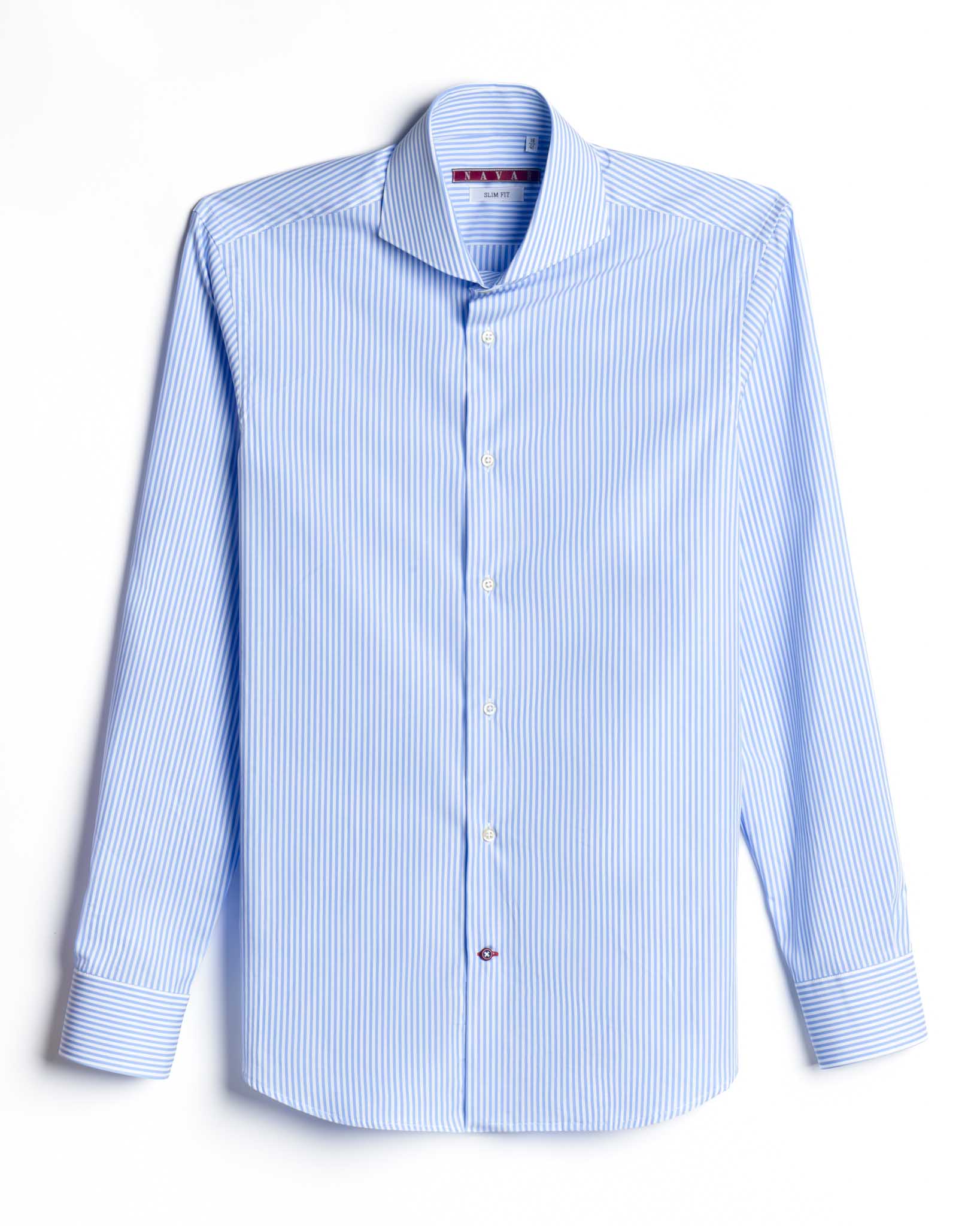 camicia uomo slim collo francese cotone popeline rigato azzurro made in italy