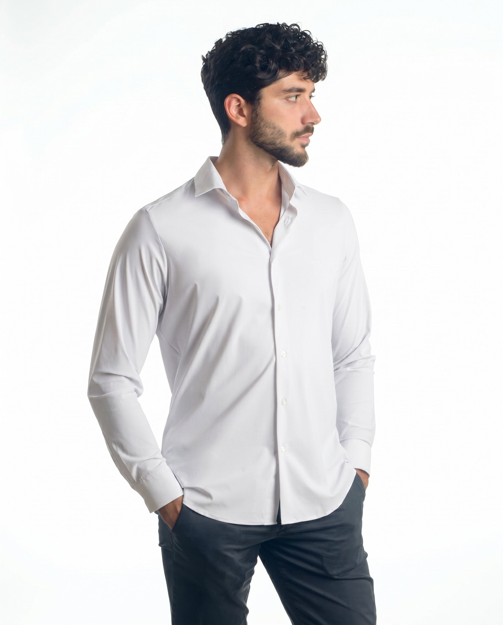 camicia uomo slim microfibra elasticizzata bianca made in italy