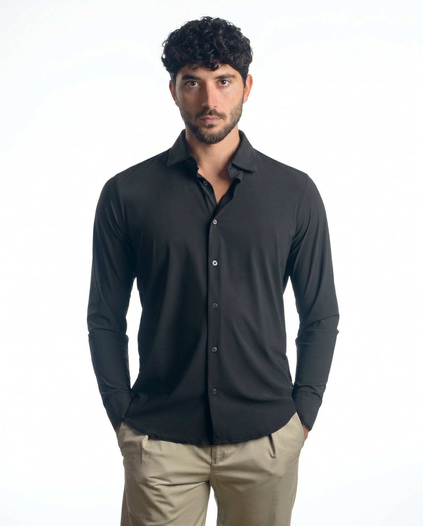 camicia uomo slim microfibra elasticizzata nera made in italy
