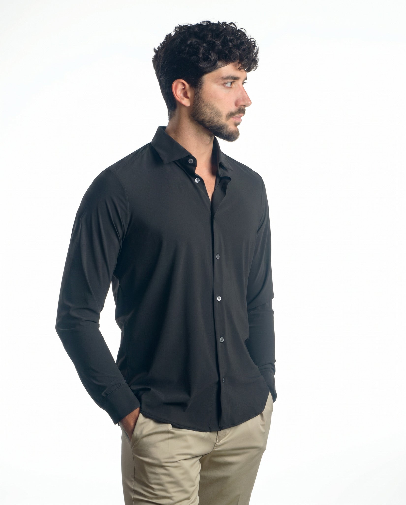 camicia uomo slim microfibra elasticizzata nera made in italy