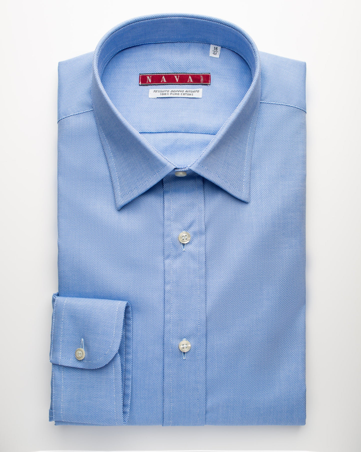 camicia da uomo regular in cotone oxford azzurra aviatore con collo italiano e polso tondo